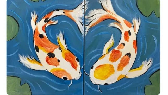 Two-canvas diptych with orange and white koi fish over blue water, artwork from the Paint a Diptych as a Couple event
