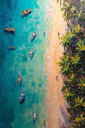 Palette-knife painting of a tropical beach seen from above with boats and palm trees, artwork from the Palette Knife Painting event