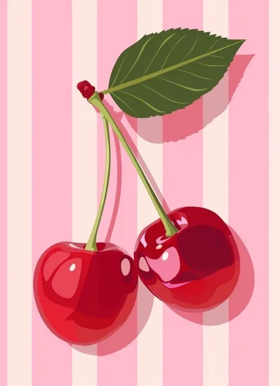 Pop-style painting of two red cherries with a leaf over pink stripes, artwork from the Paint & Karaoke event