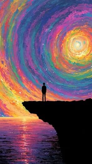 Painting of a spiraling neon sky over the sea with a silhouette on a cliff, artwork from the Neon Night event