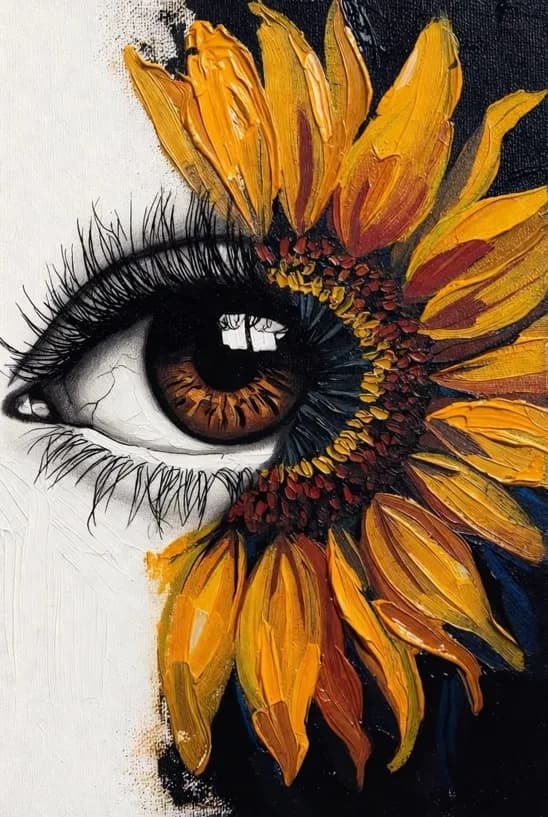 Painting of a realistic eye surrounded by sunflower petals, artwork from the Art Night: Sunflower Eye event