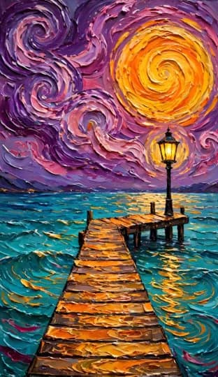 Textured painting of a wooden pier into a turquoise sea under a violet sky with a golden moon, artwork from the Textured Art event
