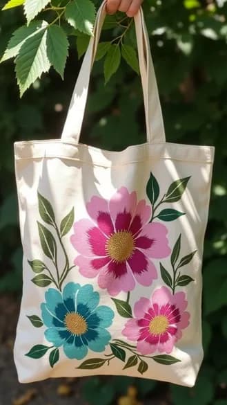 Canvas tote bag painted with pink, fuchsia and turquoise flowers, artwork from the Paint Your Tote Bag event
