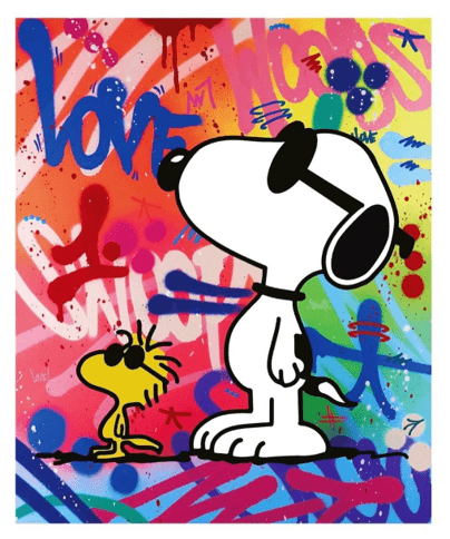 Lienzo estilo graffiti con Snoopy en colores neón, obra del evento Graffiti Night