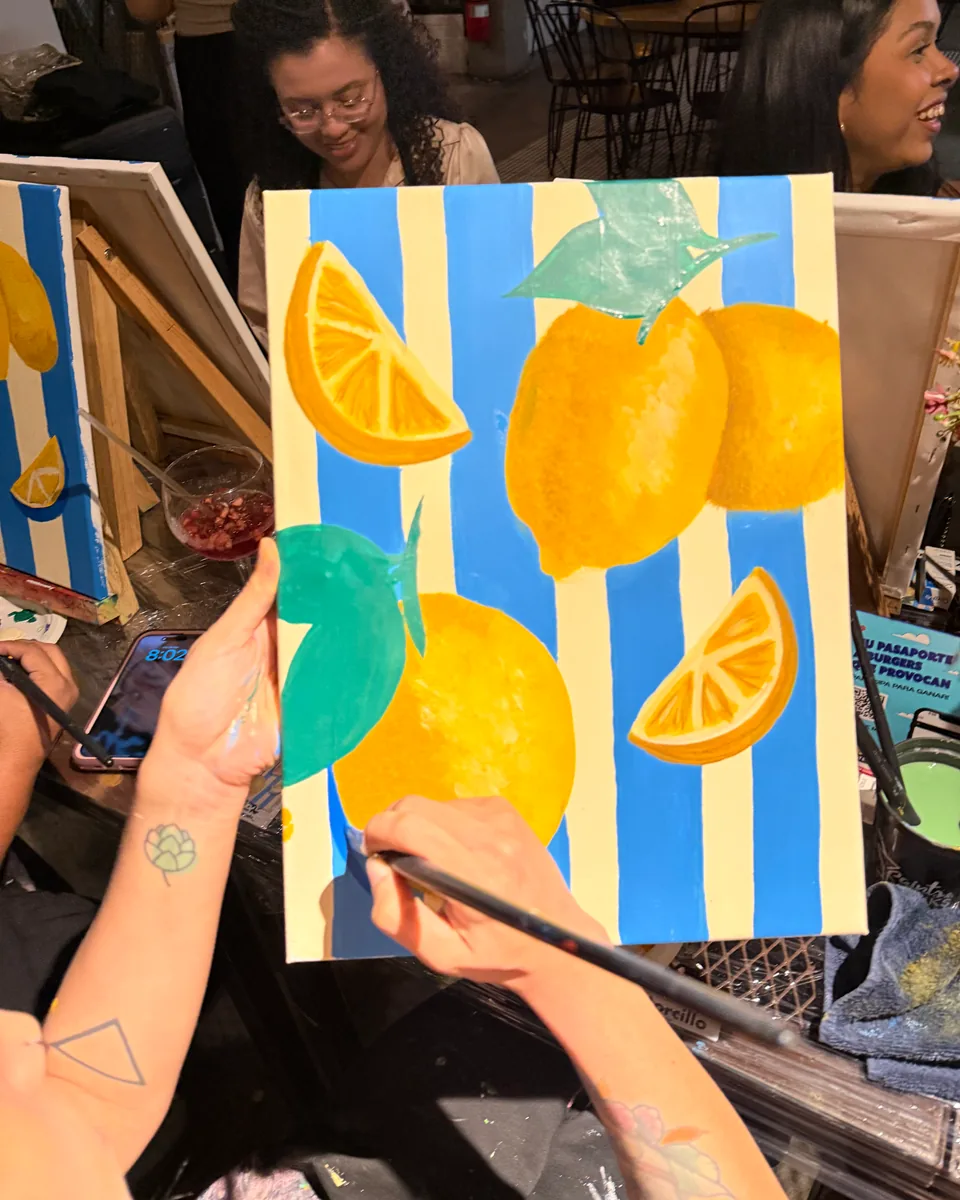 Lemons on blue stripes, Mediterranean style, painted at a Paint & Karaoke night